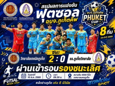 📣⚽ วิทยาลัยเทคนิคภูเก็ต ทะยานสู่รอบรองชนะเลิศ!
🎉 ขอแสดงความยินดีกับทีมนักกีฬาฟุตซอล วิทยาลัยเทคนิคภูเก็ต ที่โชว์ฟอร์มได้อย่างยอดเยี่ย...